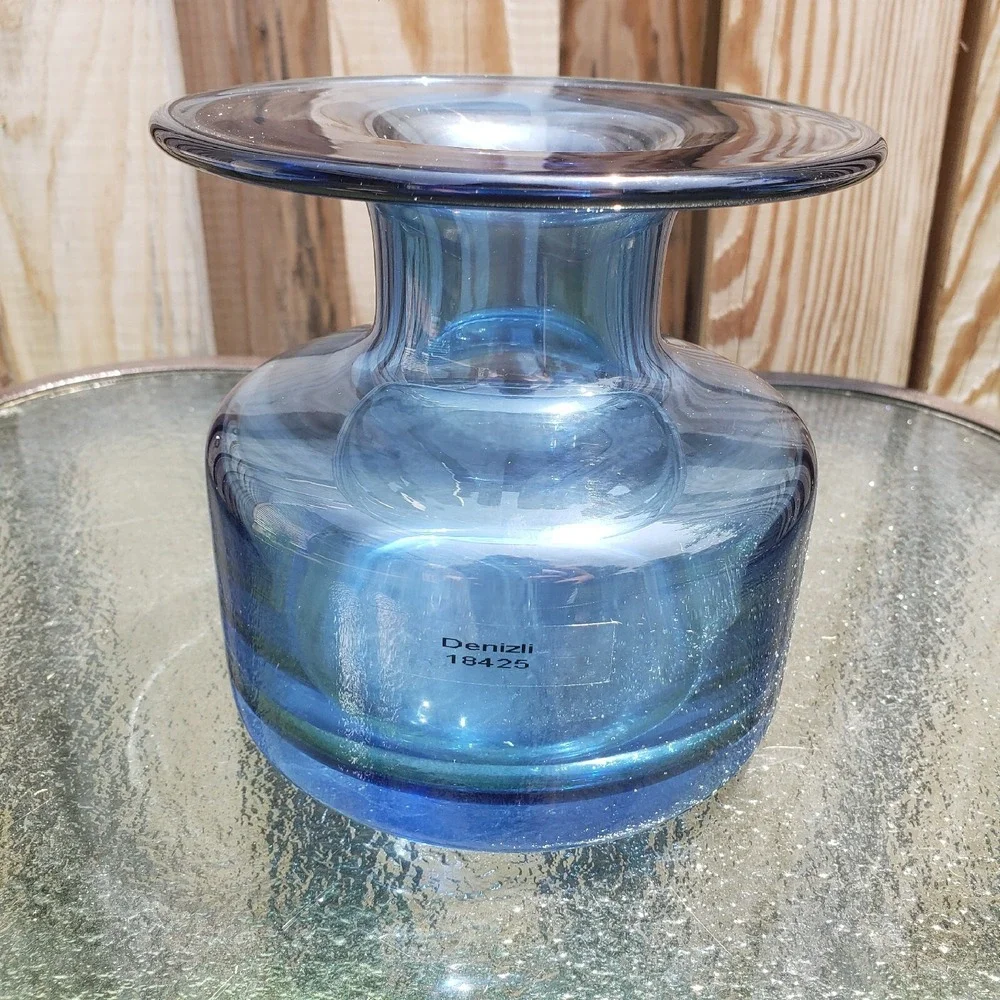 Denizli 18425 Cobalt Blue Hand Blown Glass Wide Rim Vase Turkey Art‎ Glass
